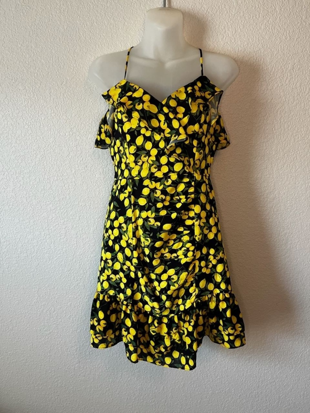 Parker Black Lemon Print Ruffle Mini Dress Size 0